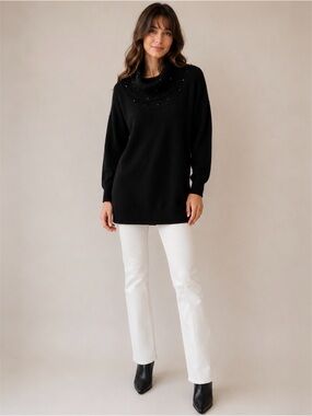 Mayon Black Lambswool Angora Tunic Sweater | Jewel Cowl Neck | Size 38 M